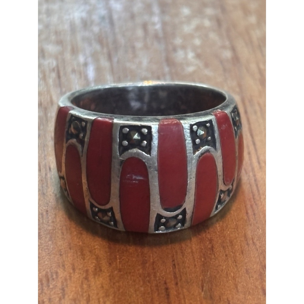 Vintage Sterling Silver Red Coral Marcasite Dome Ring Size 9